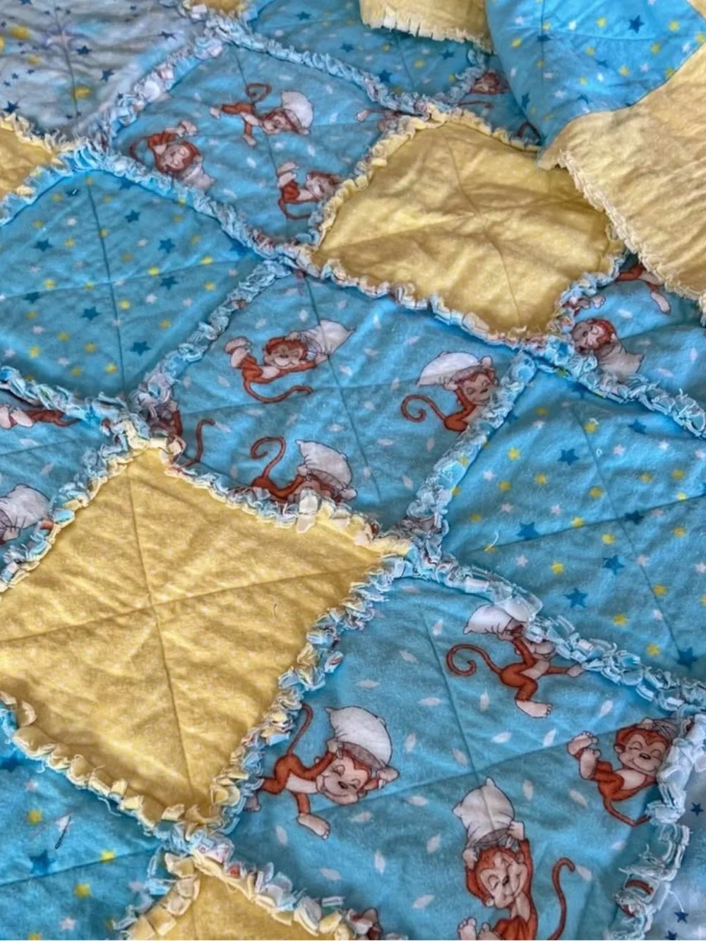 Homemade Blue And Yellow 37x25 Inches Monkey Patchwork Quilt
